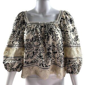 NWT Christian Siriano Linen Blend Boho Cream Black Peasant Crochet Crop Top S